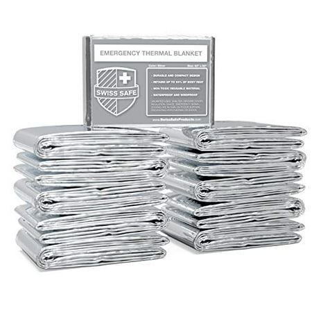 Swiss Safe Emergency Mylar Thermal Blankets Premium 12-Micron 52  X 82  Silver 10-Pack