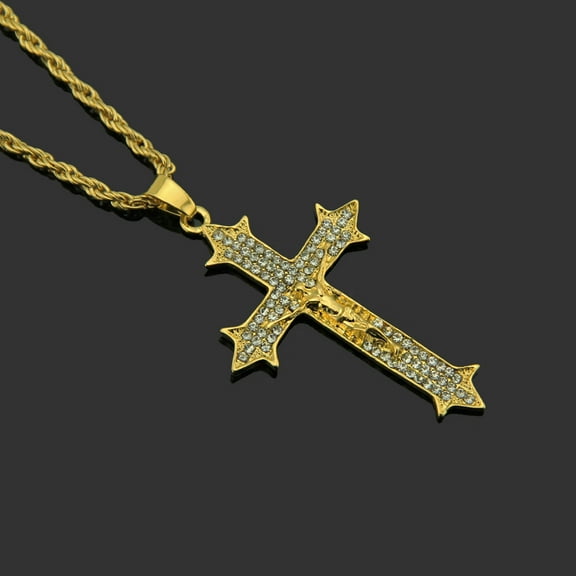 Religious Jesus Cross Pendant Necklace for Women Men 14K Yellow Gold Christian INRI Crucifix Chain Amulet Jewelry