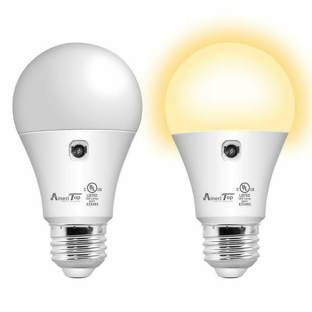 Dusk to Dawn Bulb- 2 Pack, A19 LED Sensor Light Bulbs; Listed, Automatic On/Off, 800 Lumen, 10W(60 Watt Equivalent), E26 Base, 3000K Warm White, Indoor/Outdoor Lighting Bulb -