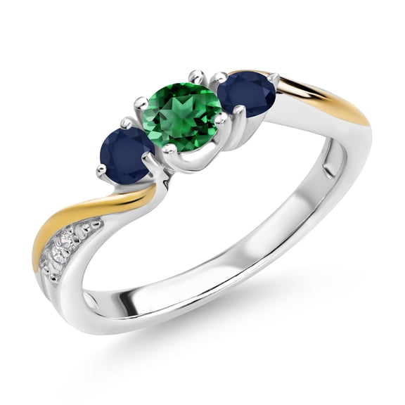 Gem Stone King 925 Silver and 10K Yellow Gold Green Nano Emerald Blue Sapphire and White Lab Grown Diamond 3 Stone Engagement Ring for Women (0.63 Cttw, May Birthstone, Size 9)