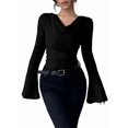 thumbnail image 2 of Women Long Sleeve Cowl Neck Ribbed Knit Fall Shirts Slim Fit Ruched Going Out Crop Tops Basic T-Shirts Black XL, 2 of 8