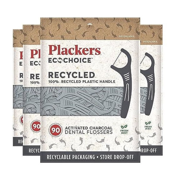 Plackers Ecochoice Activated Charcoal Recycled Dental Flossers, 90 Count (Pack of 4)