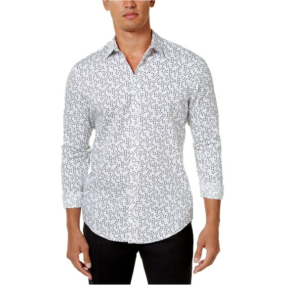 I-N-C Mens Ditsy-Print Button Up Shirt, White, Medium