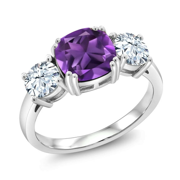 Gem Stone King 3.60 Cttw Purple Amethyst 3-Stone Engagement Ring for Women | 925 Sterling Silver | Gemstone Birthstone | Cushion 8MM | Three Stone Wedding Engagement Anniversary Ring | Size 8