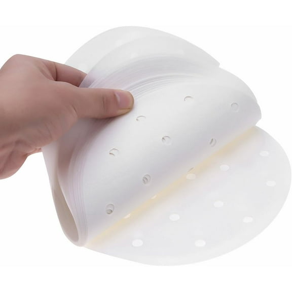 RUseeN 100 Pcs Dumpling Paper Bamboo Steamer Paper, Parchment Paper For Air Frying, 10 Inch Steamer Basket Liners With Holes, Baking
