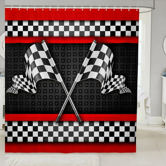 Speedway Checkered Flag Shower Curtain Set - Black White Red Racing Stripes Waterproof Bath Decor