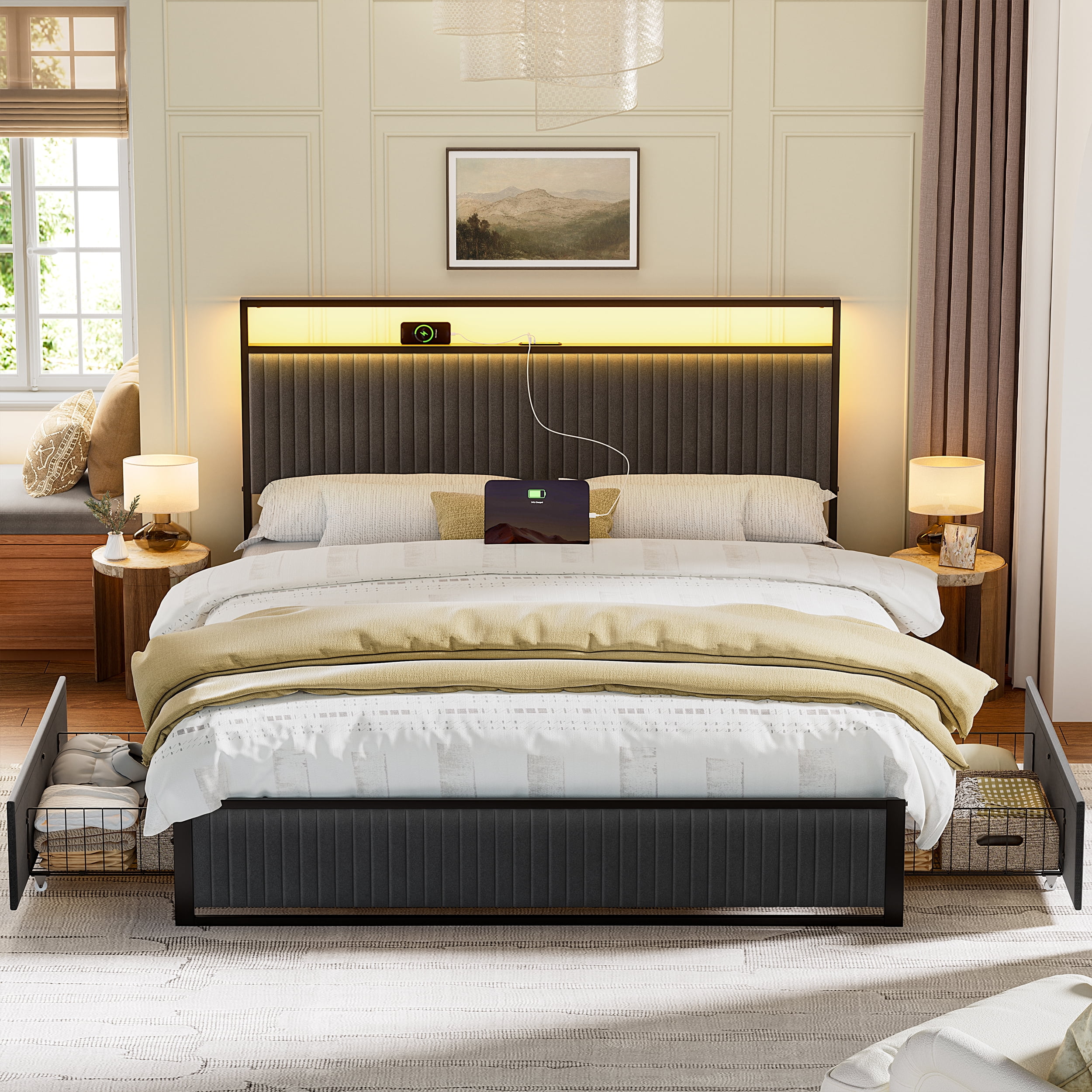GUNAITO Queen Bed Frame with 2 Storage Drawers, Platform Bed with Headboard, Velvet Upholstered Bed Frame with LED Lights & Charging Station, Dark Grey