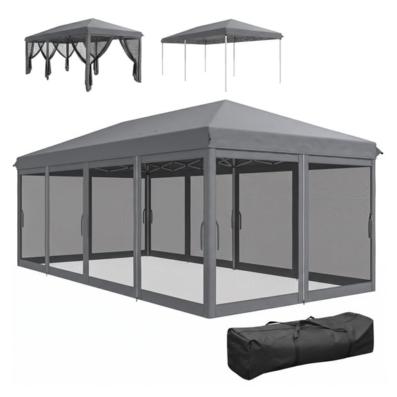 10x20 Pop Up Canopy Tent with Netting, Heavy Duty Instant Shelter, Party Tent, Outdoor Sun Shade - Gray