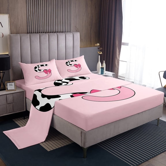 Erosebridal Monogrammed Letter Sheet Set Twin,Cattle Print Bedding Sets Twin Size,Lightweight Bed Sheets Twin,Pink Bow Tie Decoration,3pcs