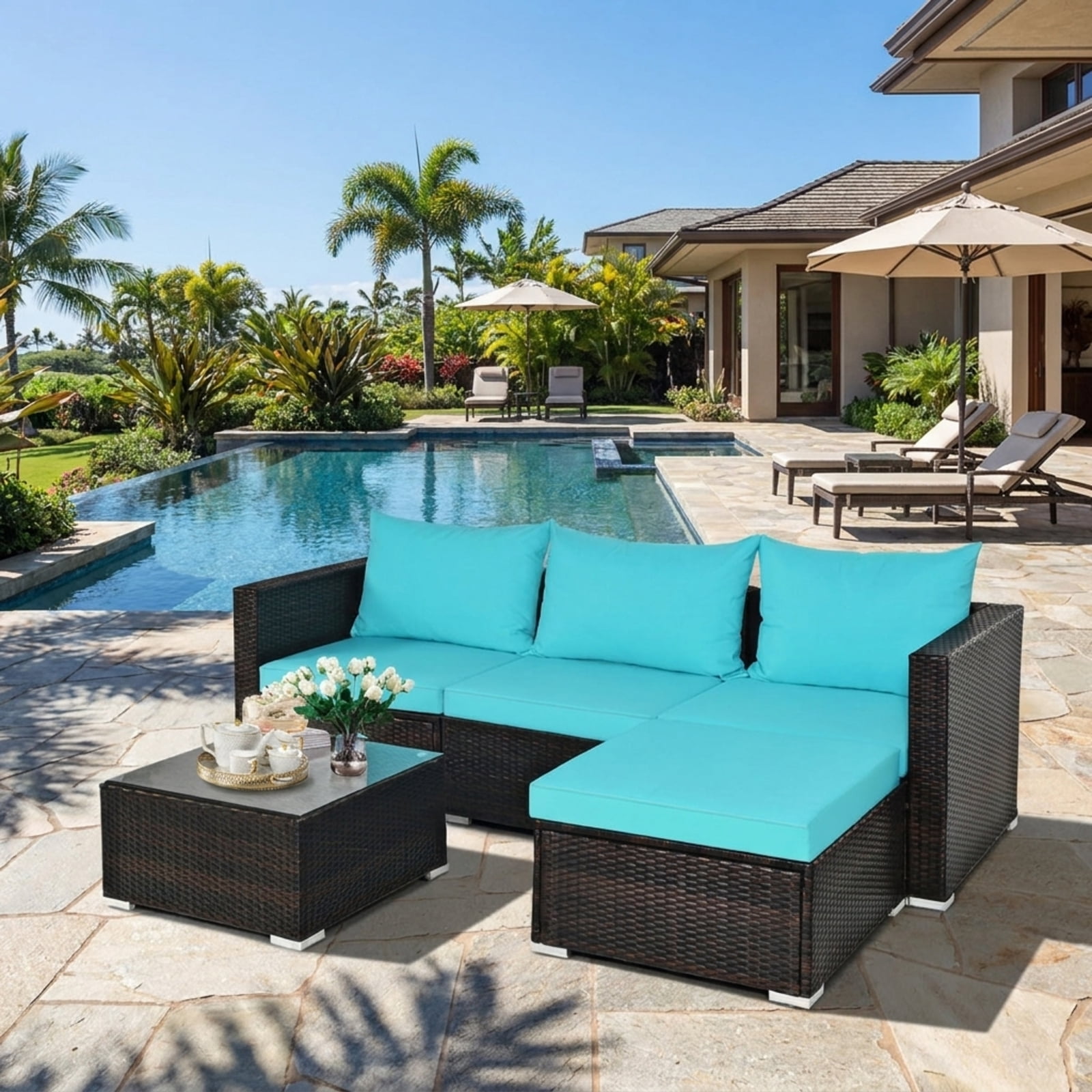 Biotree Patio Furniture Set 5 Pieces Rattan Outdoor Sectional Conversation Set with Ottoman and Coffee Table for Garden Backyard Porch, Turquoise