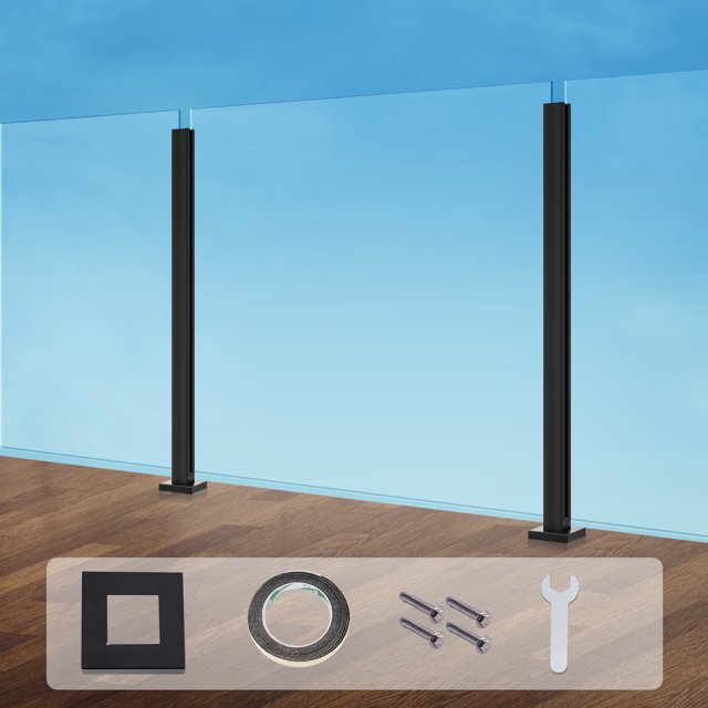 VEVOR Glass Clamp 41.34" H Railing Bracket for 0.39"-0.47" Glass in black, shown installed on a wooden floor with glass panels. Made of SUS304 stainless steel, it features a polished finish, smooth edges, and a dual-sided 180° slot for secure glass installation. Includes accessories like a decorative cover, hex wrench, screws, and sponge strip for easy setup. Suitable for pool fences, balconies, and terraces.