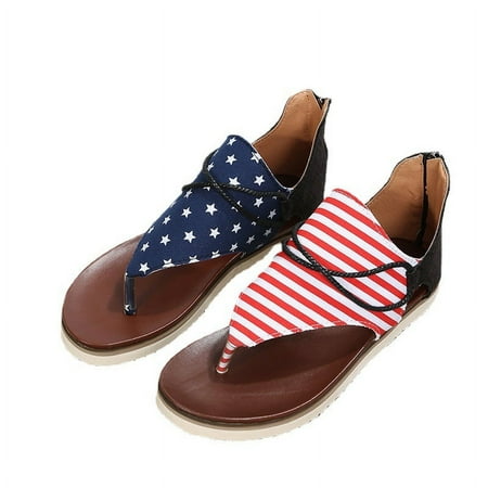 

ZBCHLS Step into Patriotism: Women s Retro Flag Sandals - Flat Thong Canvas Sandals with Back Zipper Perfect for 4th of July Celebrations