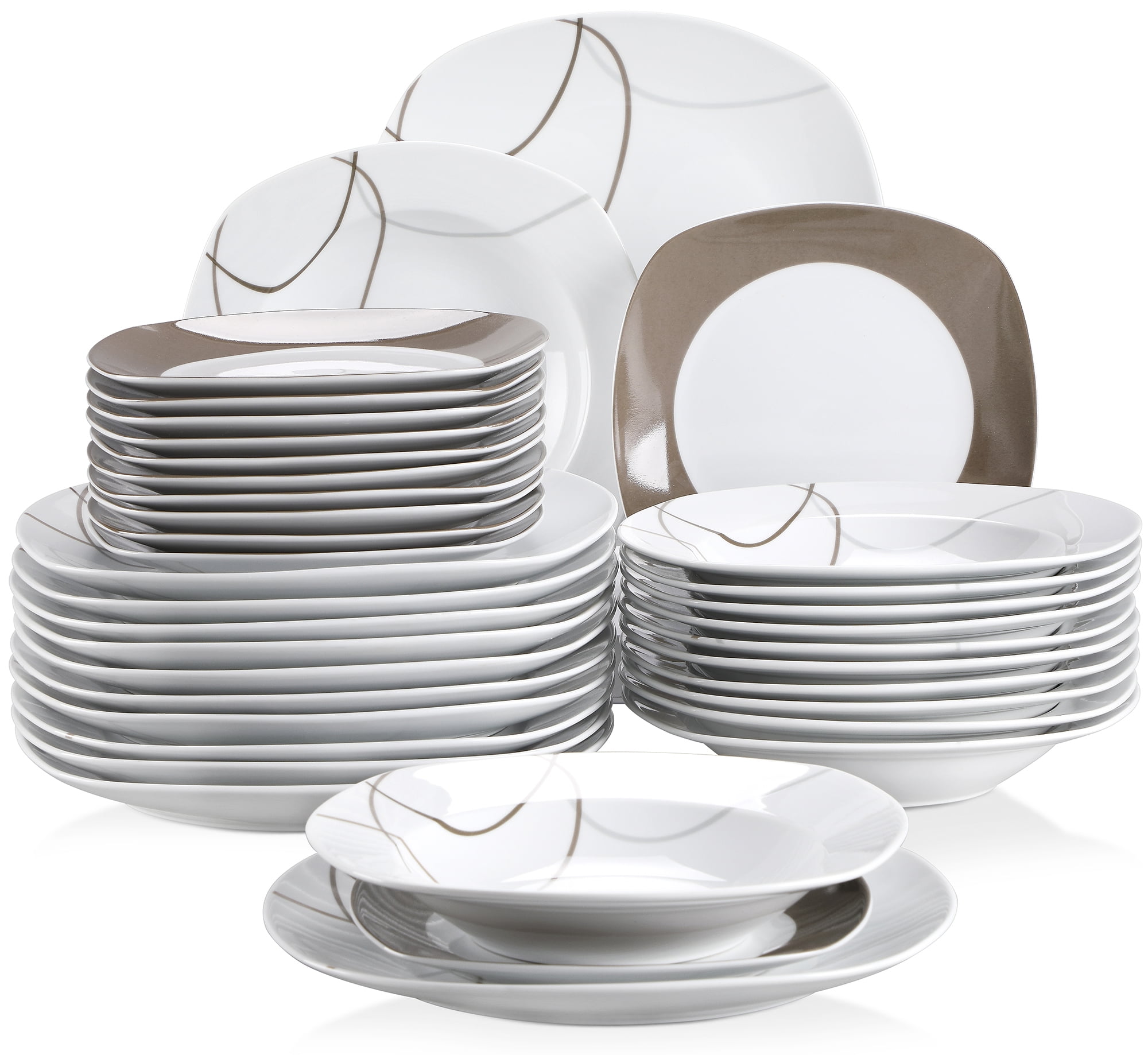 VEWEET Fiona 30-Piece Ivory White Black Lines Porcelain China Ceramic Dinner Combi-Set with Dessert Plates/Soup Plates/Dinner Plates/Cups/Saucers Service for 6 