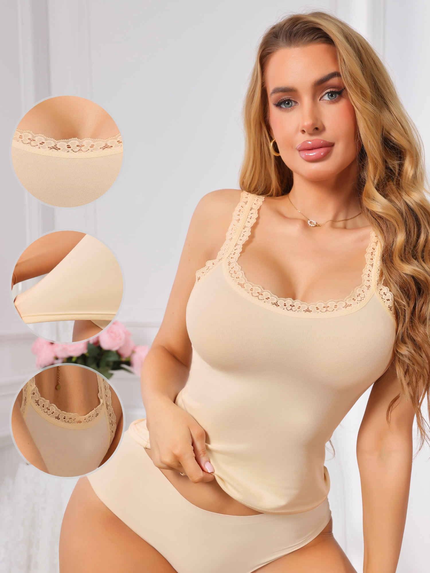 DARING DIVA Women's Slim-Fit Lace Trim Camisoles Ribbed U Neck Tank Top 3X-Large Beige