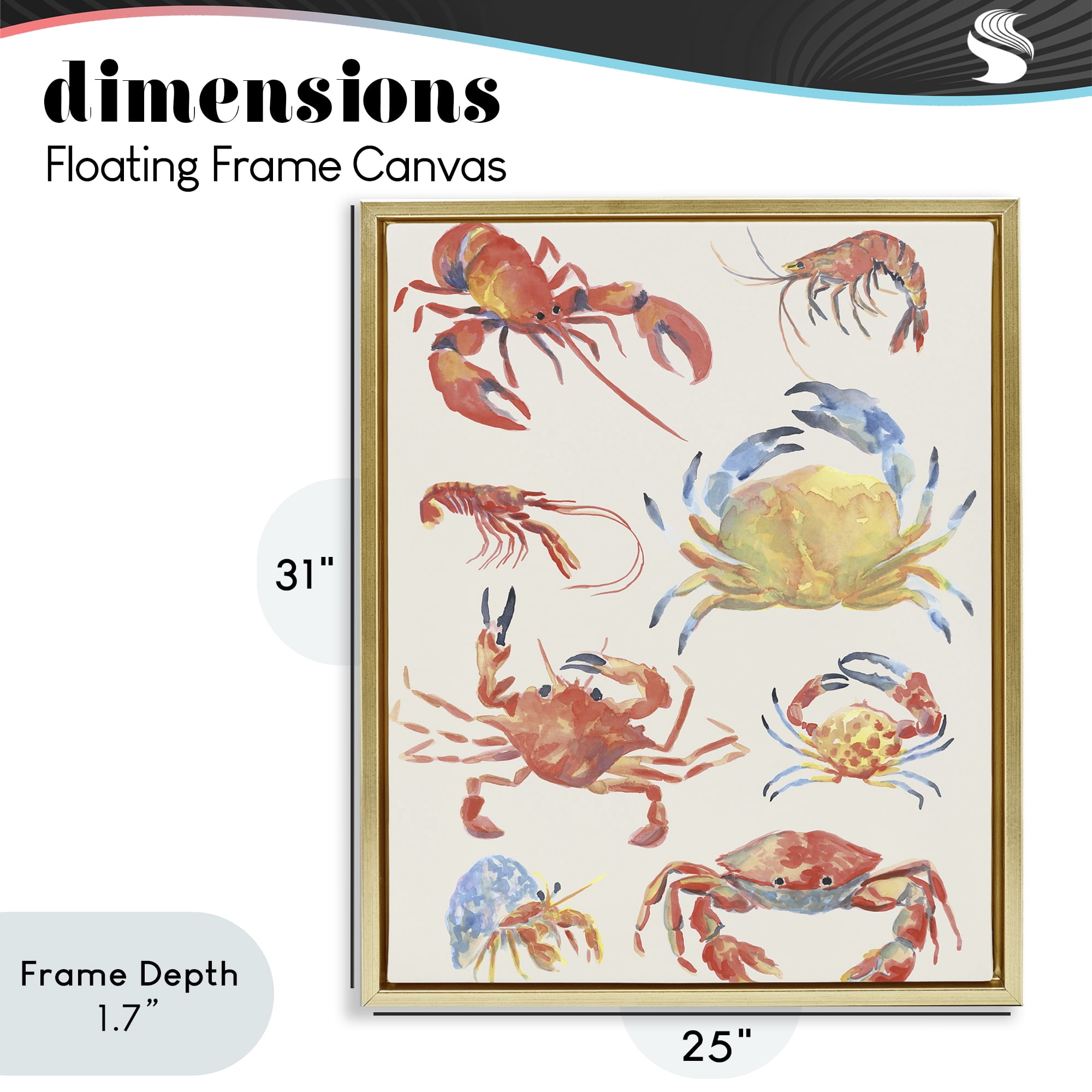 Stupell Industries Crab & Crustacean Collection Gold Framed Floater Canvas Wall Art, design by June Erica Vess