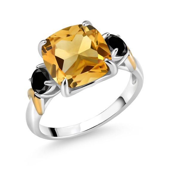Gem Stone King 925 Silver and 10K Yellow Gold Yellow Citrine and Black Diamond 3 Stone Ring for Women (4.14 Cttw, Gemstone November Birthstone, Cushion 10MM, Round 4MM, Size 6)