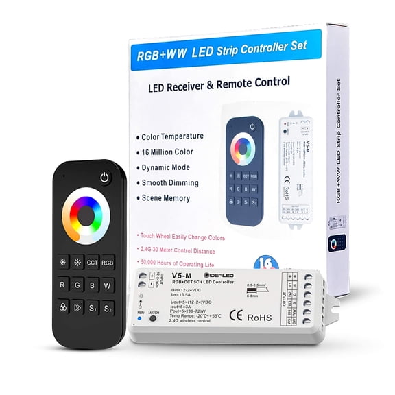 GIDEALED 2.4G Wireless 5 Channel RGBCCT LED Controller with RF Remote Control,Dimming 5 in 1 RGBWW LED Strip Controller for RGBW RGBWW RGB CCT Light Strips Color Chaning DC12V-24V
