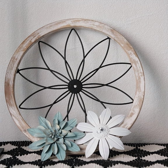 3Pcs Round Farmhouse Wall Decor Set, 12" Rustic Wood & Metal Wall Art for Living Room, Bedroom, Kitchen, Bathroom & Dining Room - Interchangeable Flower Design, Vintage Home Decor