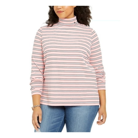 TOMMY HILFIGER Womens Pink Striped Long Sleeve Blouse Plus Size: 0X