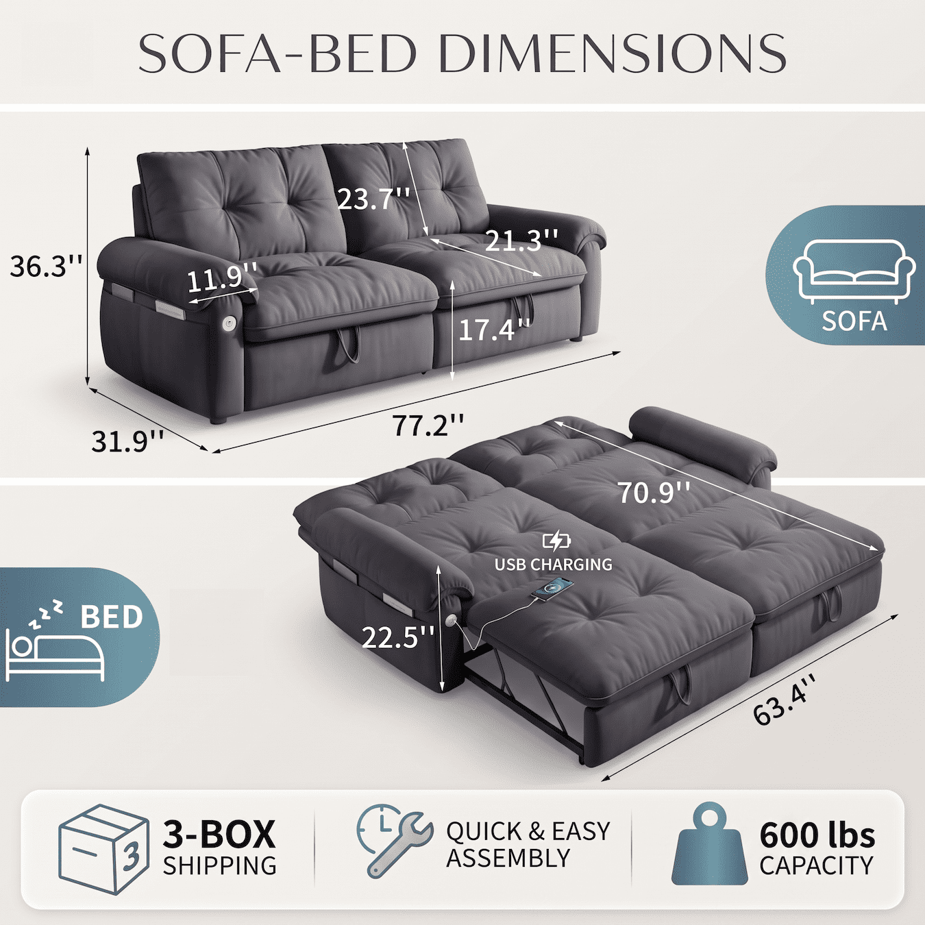 Xiweot Convertible Sleeper Sofa Bed, 77" Queen Size Pull Out Couch Bed with Adjustable Backrest, USB Ports & Side Pocket, Velvet Loveseat Sleeper for Living Room Small Space (Gray)