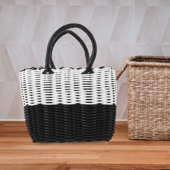 Phenofice Handwoven Storage Basket Woven Basket Plastic Black and White Contrast 1Set