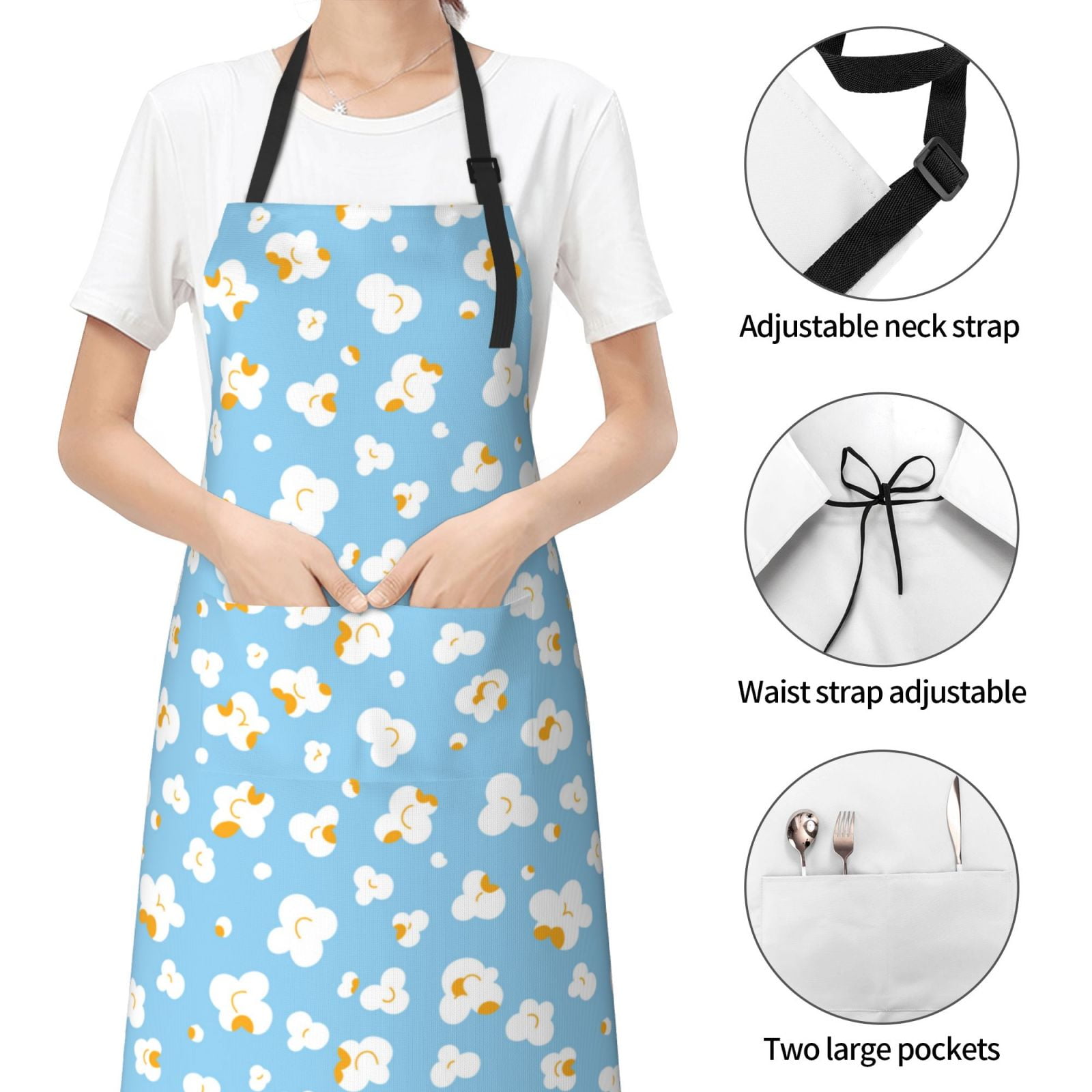 Kdxio Blue Popcorn Apron with Pockets Adjustable Kitchen Aprons for Men Women Waterproof Aprons for Cooking,Drawing,Crafting, Baking Household Cleaning
