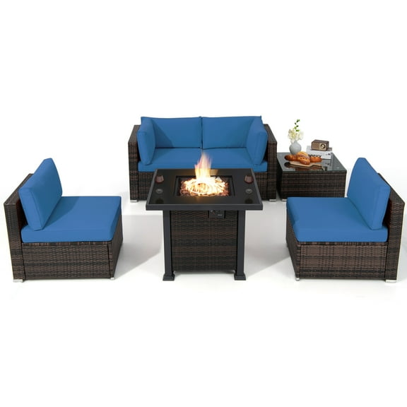 Topbuy 6 Piece Patio Wicker Conversation Set,Outdoor Rattan Sofa Set w/32" Propane Fire Pit Table,50,000 BTU Heat,Tempered Glass Tabletop Navy Blue