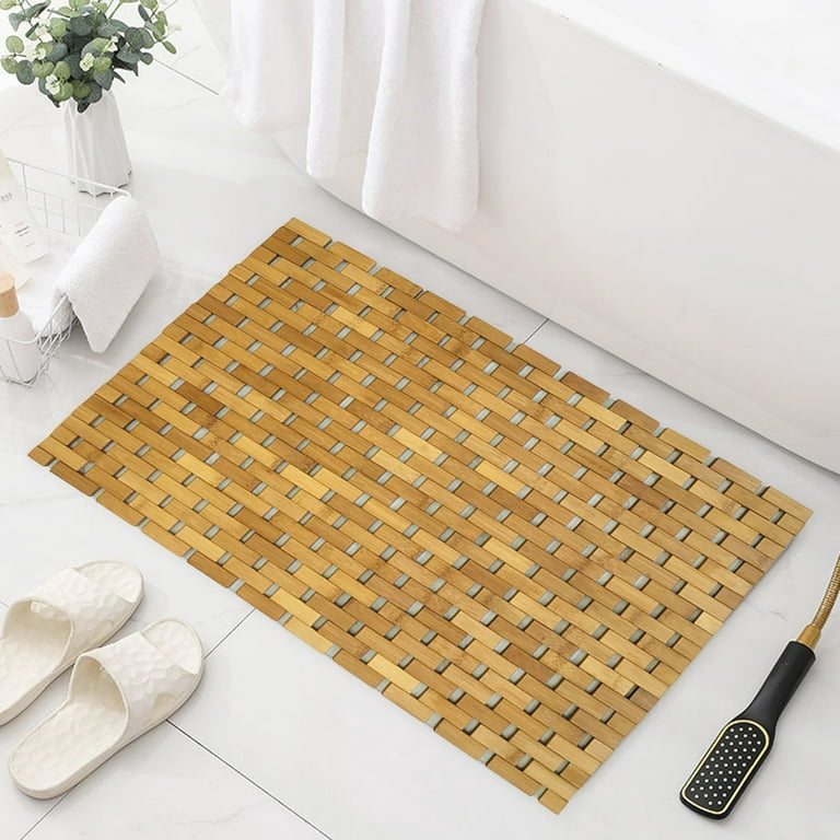 Natural Bamboo Bath Mat, 24 x 16 Inch Wood Shower Mat, Roll Up Bathroom Mats  Kitchen Rugs for Bathtub, Spa, and Shower Door