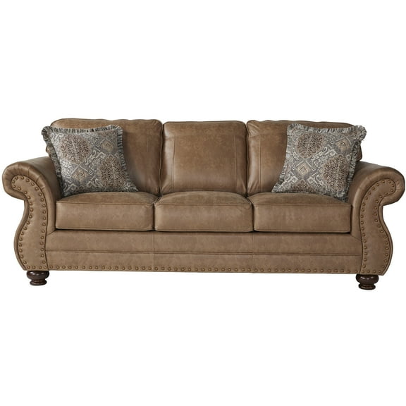 JERFIT 3-Seat Faux Leather Sofa with Nailhead Trim, Rolled Arms and Included Pillows, Brown