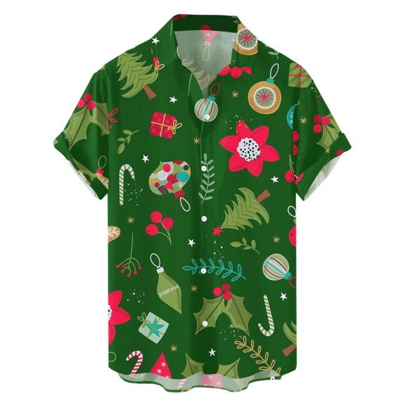 Yoodem Mens Shirts Men's T-shirts Mens Christmas Santa 3d Digital Printing Button Lapel Short Sleeve T Shirt Top Shirt Shirts for Men Green L