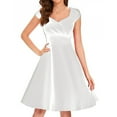 thumbnail image 3 of Vestido elegante de mujer con cuello en V y corte en A - Manga corta, cintura entallada, color liso, versátil para informal/trabajo - Mezcla de poliéster, 3 of 6