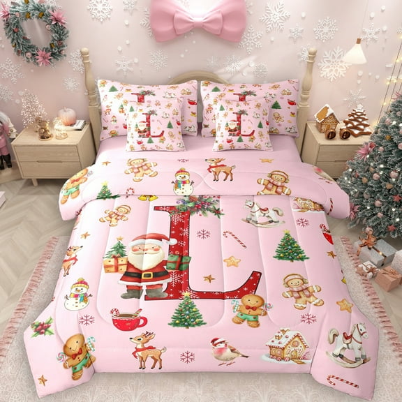 Manfei Christmas Monogrammed L 7-Piece Twin Bedding Sets for Kids, Xmas Tree Reindeer Bedding Comforter Set, Funny Santa Claus Reversible Sheet Sets, Breathable Home Decor