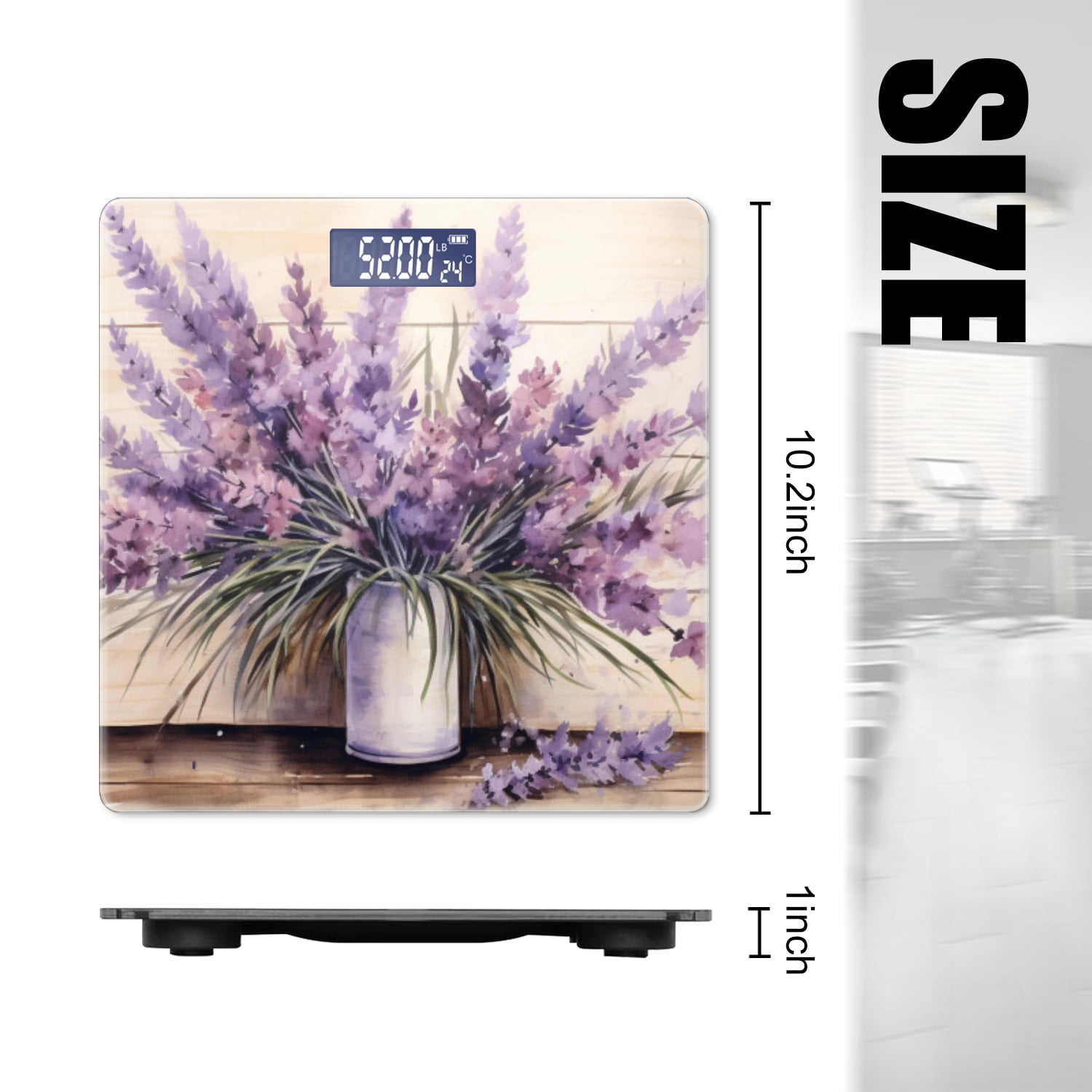 High Precision Body Weight Scale Smart Bathroom Scales with Large LCD Display(400lbs),Decorative for Bedroom-Watercolor Painting Of Lavender Bouquet In Vase