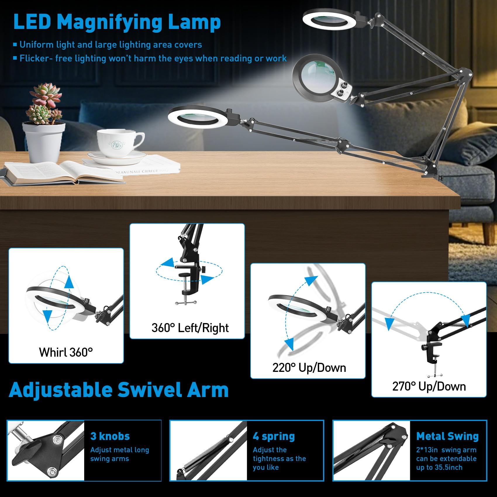 KIRKAS Magnifying Glass with Light, Long Swing Arm, Any Color Modes & Stepless Dimming LED Magnifying Lamp with Clamp, Memory Function Lighted Magnifier for Crafts, Reading, Hobby, Close Work