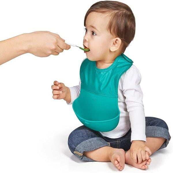 OXO Tot - Roll-Up Bib - Comfortable Soft Waterproof Lightweight Silicone Baby Bib and Toddler - Fabric Rolls Up into Pocket for Travel and Storage - Teal