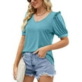 thumbnail image 3 of Puff Sleeve Blouse V Neck Pure Color Frill Trim Curve Hem Stretchy Casual Blouse for Women Summer Light Blue XXL, 3 of 6