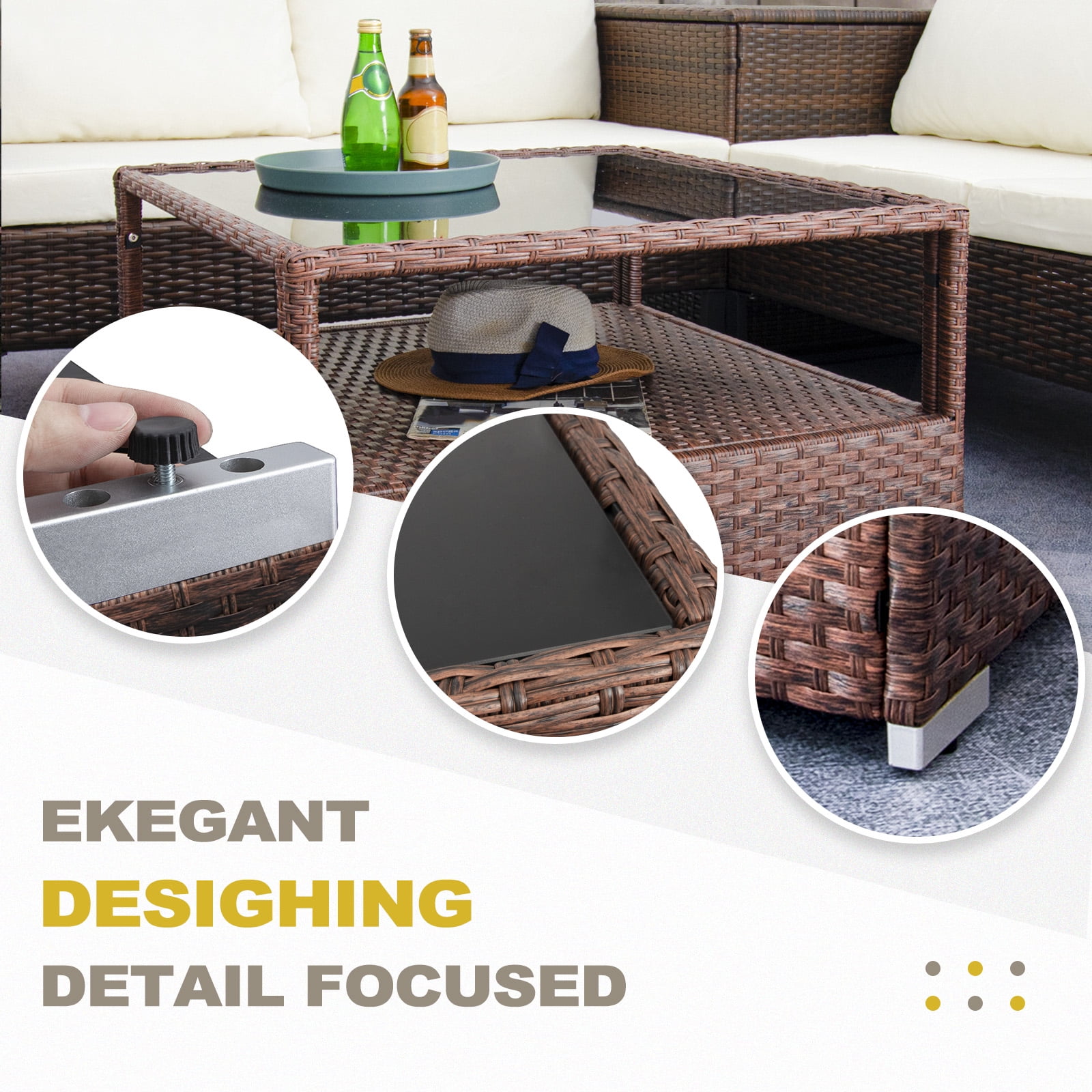 DIMAR GARDEN Outdoor Wicker Coffee Table with Glass top and Storage, Mixed Brown