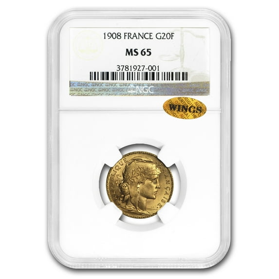1908 France Gold 20 Francs Rooster MS-65 NGC
