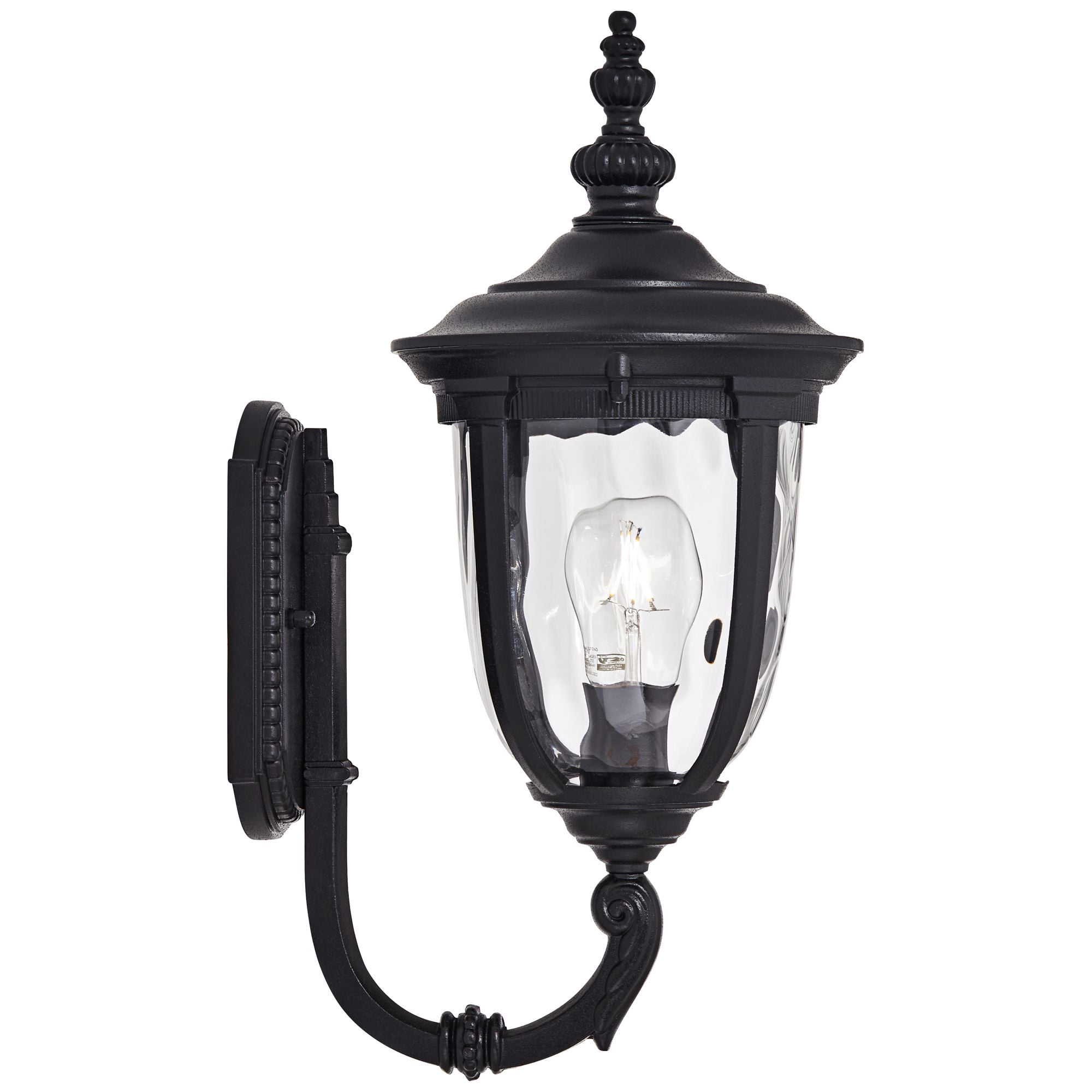 John Timberland Bellagio Vintage Outdoor Wall Light Fixtures Set of 2 Textured Black Metal 16 1/2" Clear Hammered Glass Post Exterior Barn