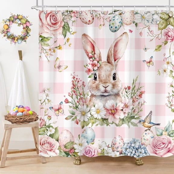 Pink Spring Easter Bunny Shower Curtain, Cute Rabbit Colorful Eggs Flowers with Pink Plaid Shower Curtains for Bathroom, Watercolor Floral Polyester Fabric Bathtub Decor Set with Hooks, 69X70IN