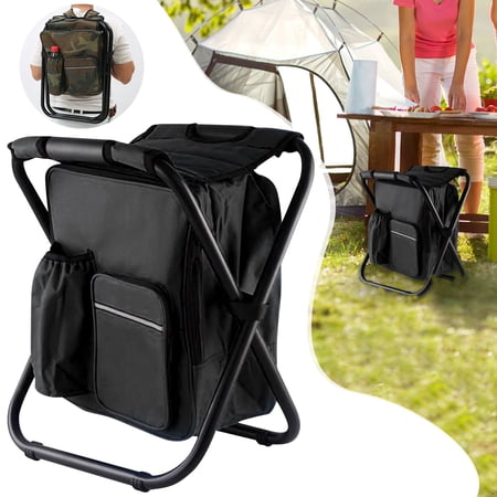 Fishing Chair Backpack Cooler 1Pack Black Folding Stool Bag Portable Backpack Chair Insulated Camping Seat Fishing Gear For Men Hiking Travel Outdoor Beach Foldable Stool Storage Bag
