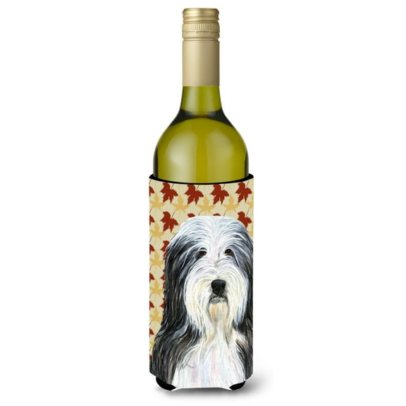Bearded Collie Fall Leaves Portrait Wine Bottle Hugger