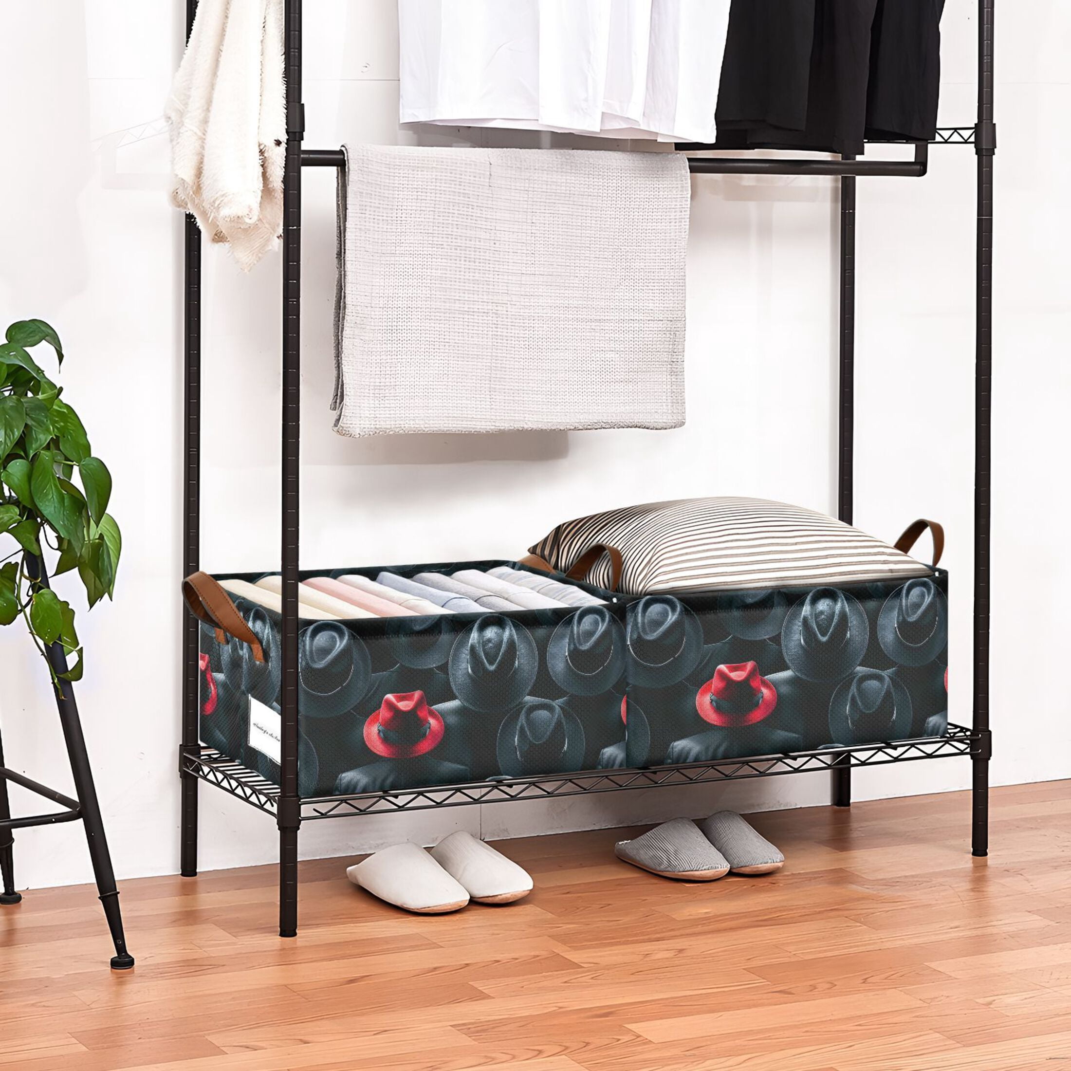 Black Red Hat 2 Pcs Collapsible Storage Bins Fabric Shelf Baskets with Handles 16.9"x11.4"x7.7" Closet Organizer