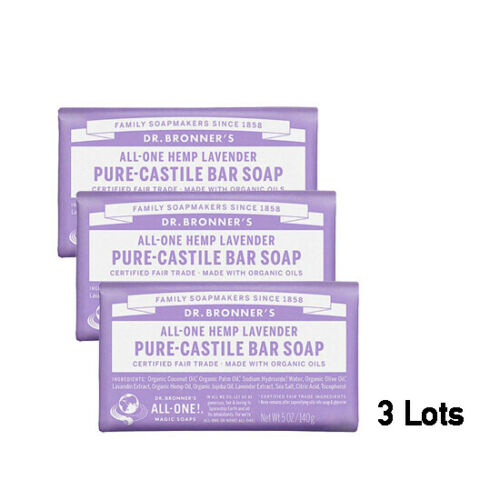 Dr BRONNER'S ORGANIC PURE CASTILE BAR SOAP, LAVENDER 3Lots, 5oz