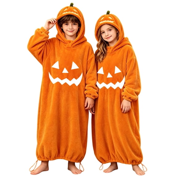 Afdoent Girls Halloween Pumpkin Jumpsuit Thick Winter Cozy Pajama Jumpsuit Fall Winter Loungewear Comfortable Kids Holiday Sleepwear 12-15 Years