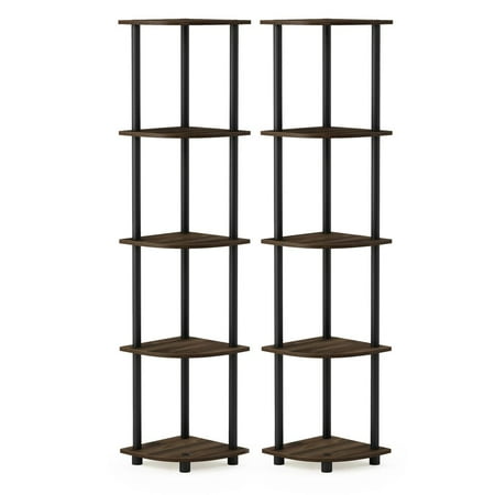 Furinno Turn-N-Tube 5 Tier Corner Display Rack Multipurpose Shelving Unit, Columbia Walnut/Black, Set of 2