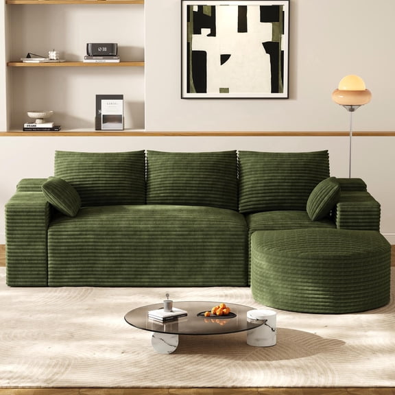 Wiilayok Corduroy Cloud Modular Sofa 108" Olive Green L Shaped Sectional Sofa Couch with Ottoman,Modern Deep Seater Sofa for Living Room Bedroom
