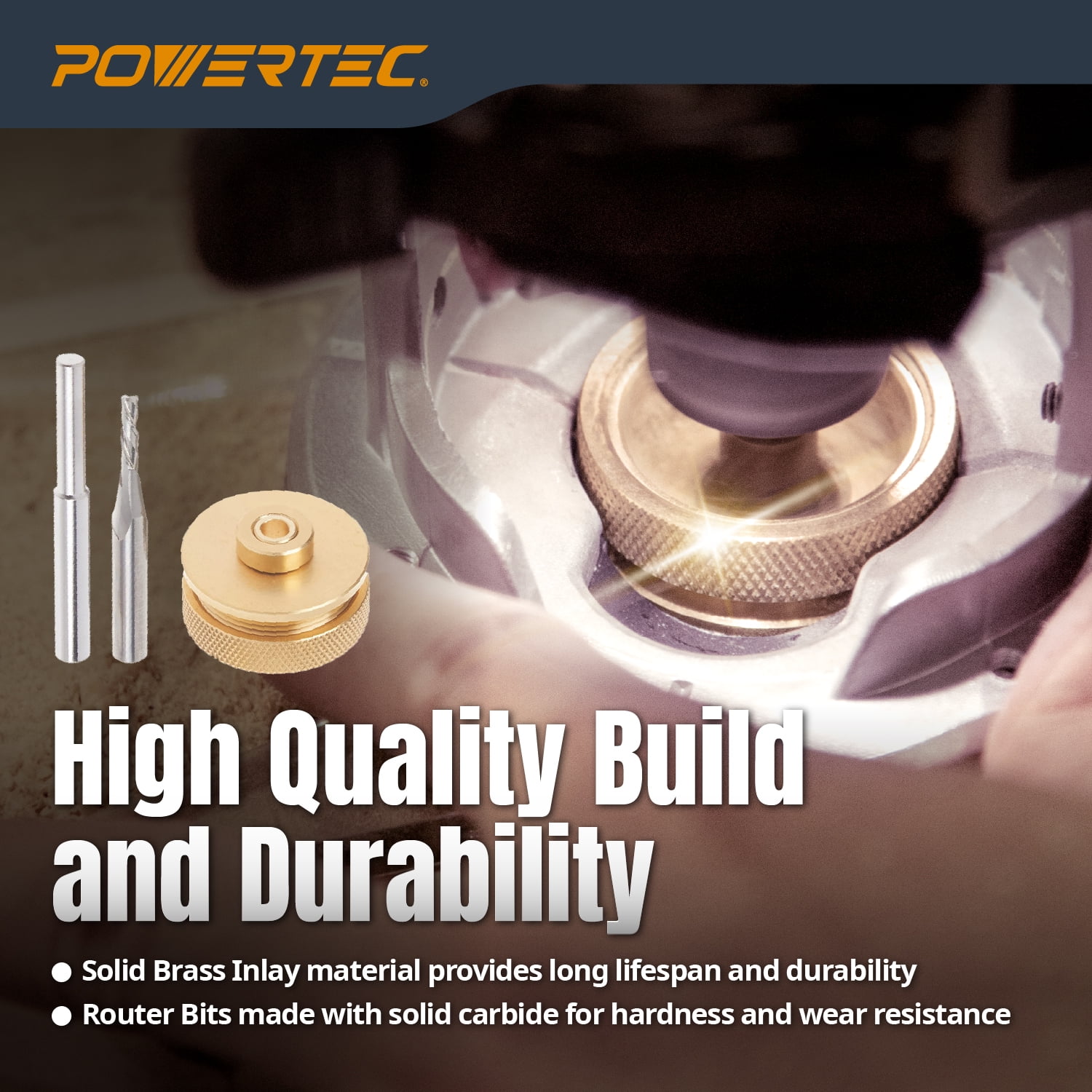 POWERTEC Solid Carbide Downcut Spiral Router Bits, Brass Inlay Kit with Router Guide, Collar, Centering Pin & 1/8" CD x 1/4" SH Router Bit, Compatible w/ 1/4" Router Templates for Woodworking (71333)
