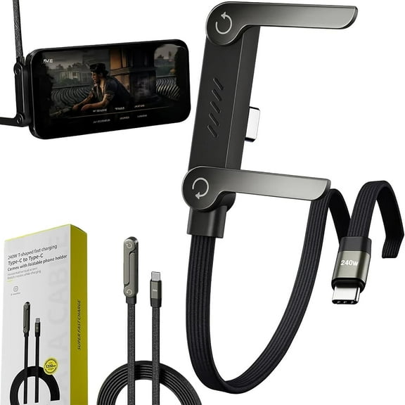 2026 New Sideways Phone Charger - 240W Braided Fast Charge Cable with Built-in Phone Stand, 2-in-1 Invisible Holder Charger Cable for iPhone, for Samsung and USB-C Devices