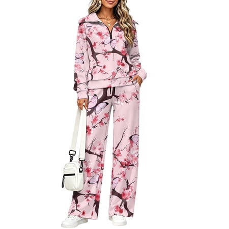Women s Sweatsuits 2 Piece Fall Fashion Outfit Matching Set L Lounge Sets Airport Tracksuit Half Zip Long Sleeve Sweatshirt Wide Sweatpants with Pockets Pink Cherry Blossom Butterfly
